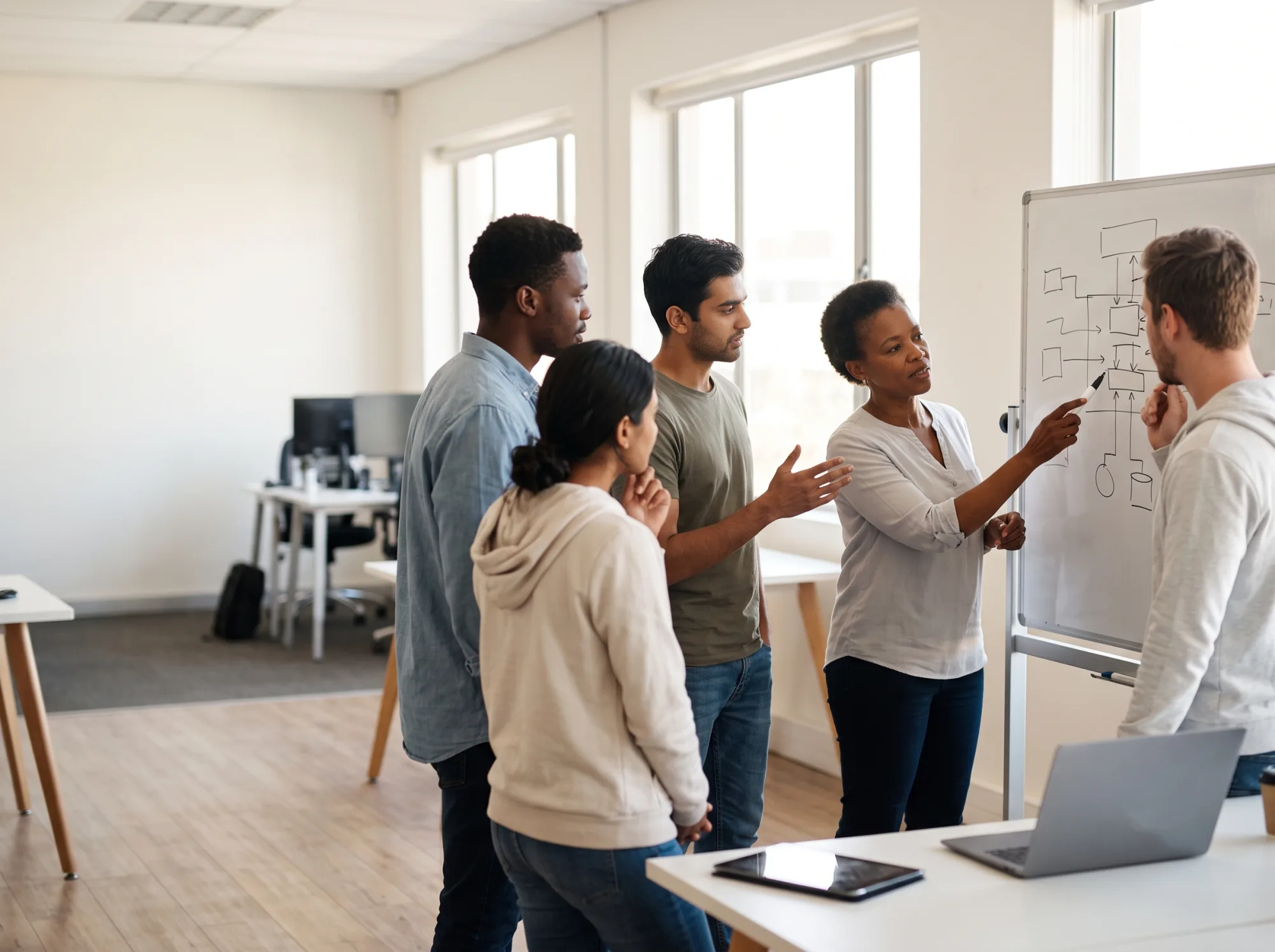 Engineering team reviewing a system architecture diagram together