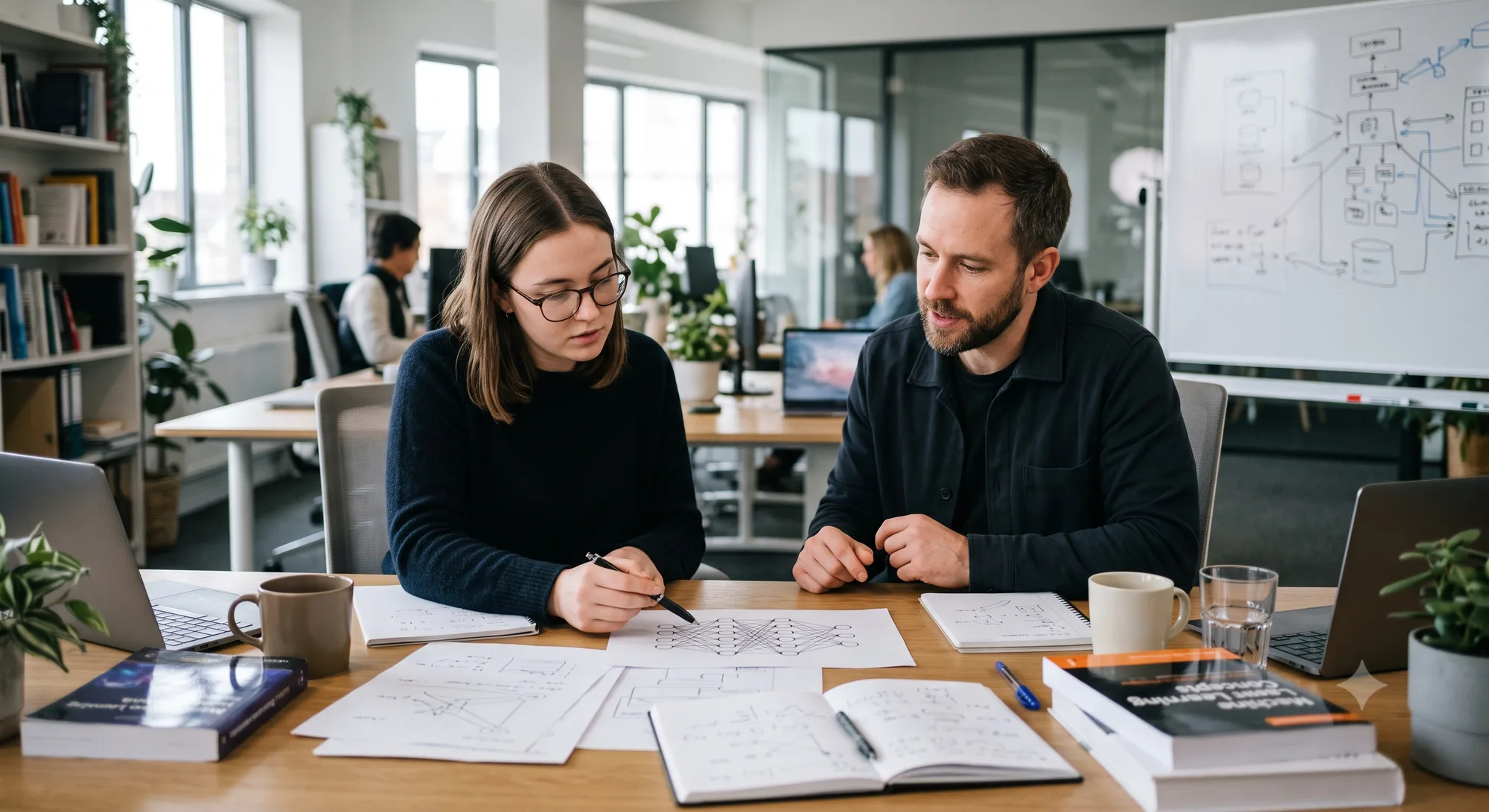 Analyst and engineer comparing a model evaluation dashboard against a baseline