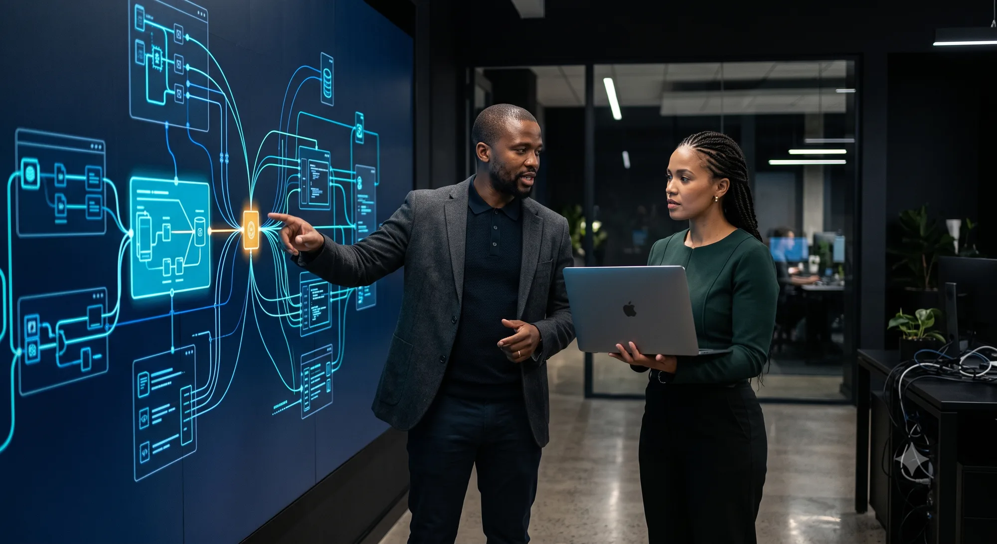 Two engineers reviewing a system architecture diagram on a large wall display