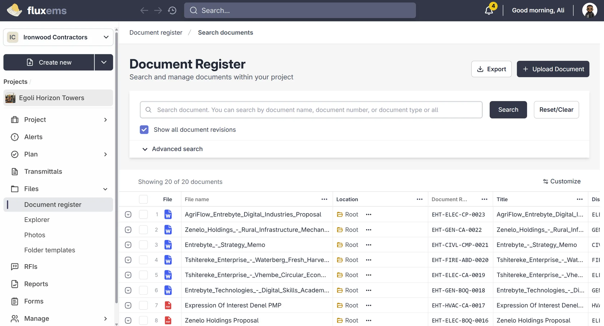 Fluxems construction operations dashboard with document register and project activity
