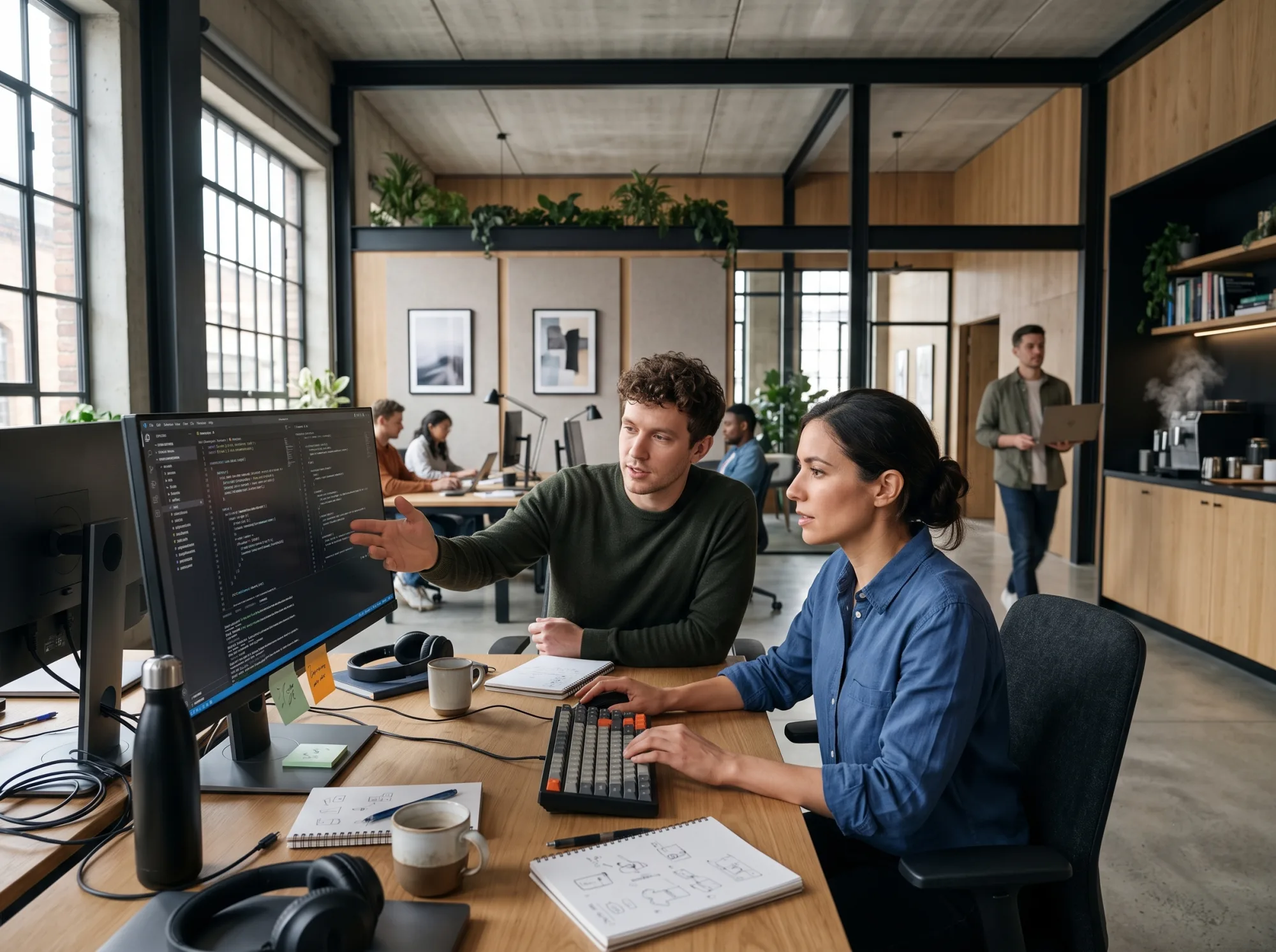 Engineers pair programming on a custom enterprise platform
