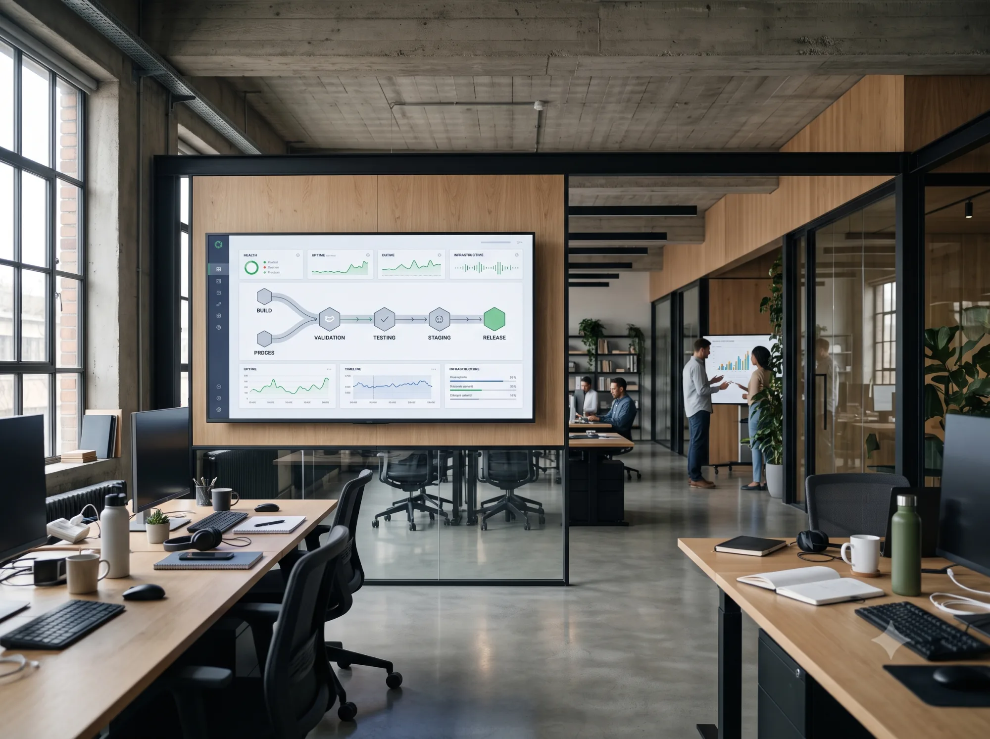 Deployment pipeline and uptime monitors on an operations wall