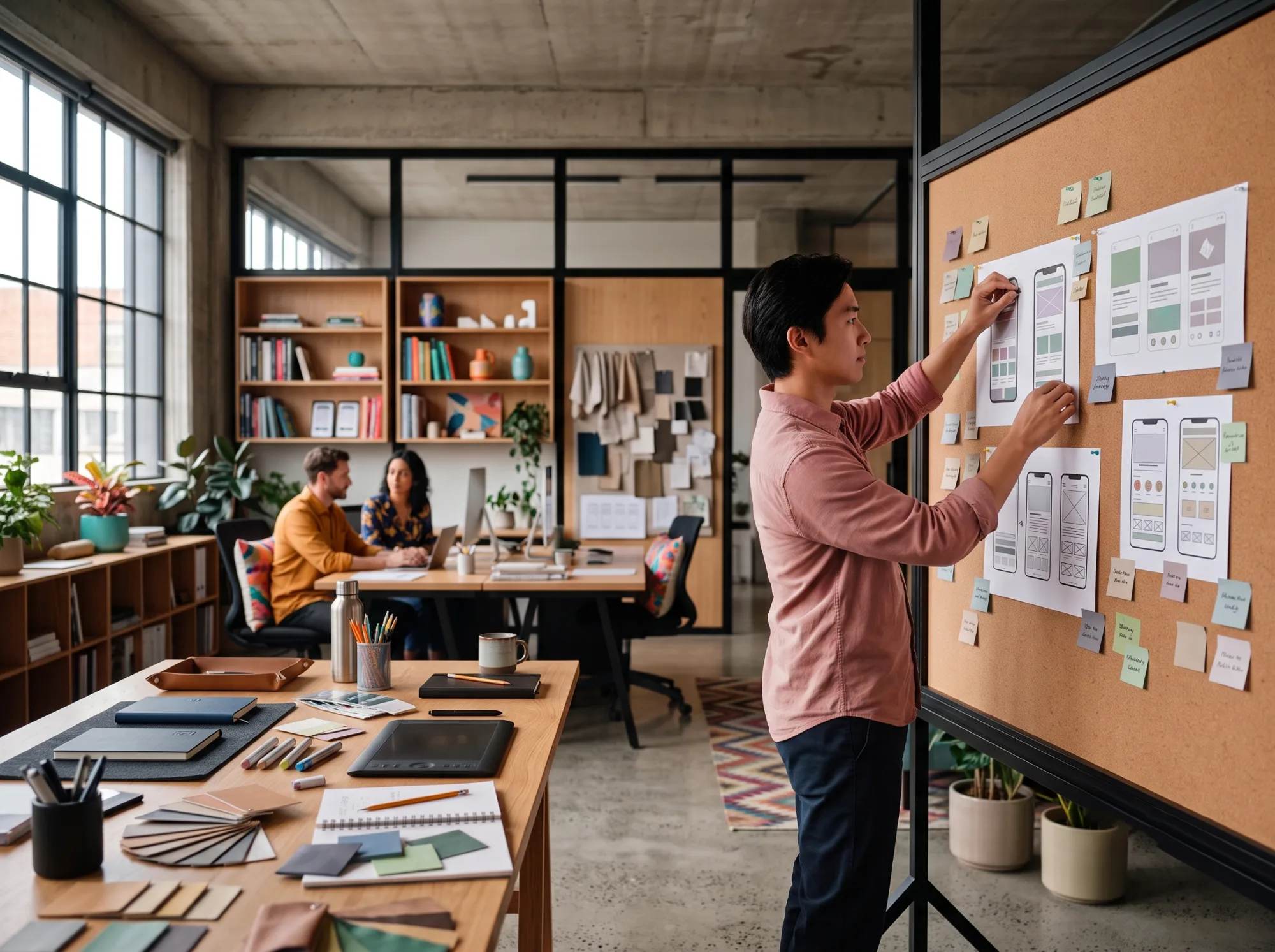 Designer arranging wireframes and UI components on a board