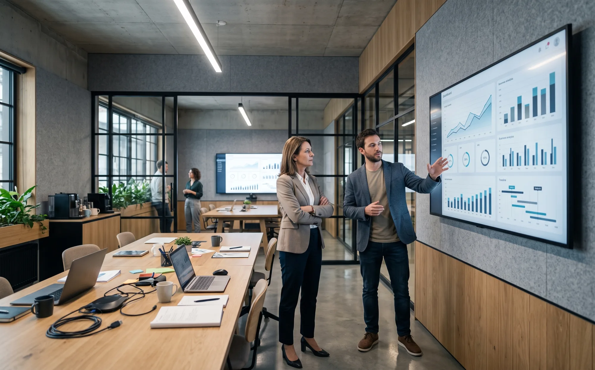 An executive and analyst reading a wall of live KPI dashboards together