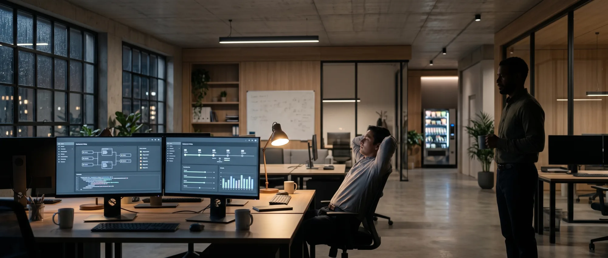 A quiet office at night during a staged rollout, dashboards glowing green